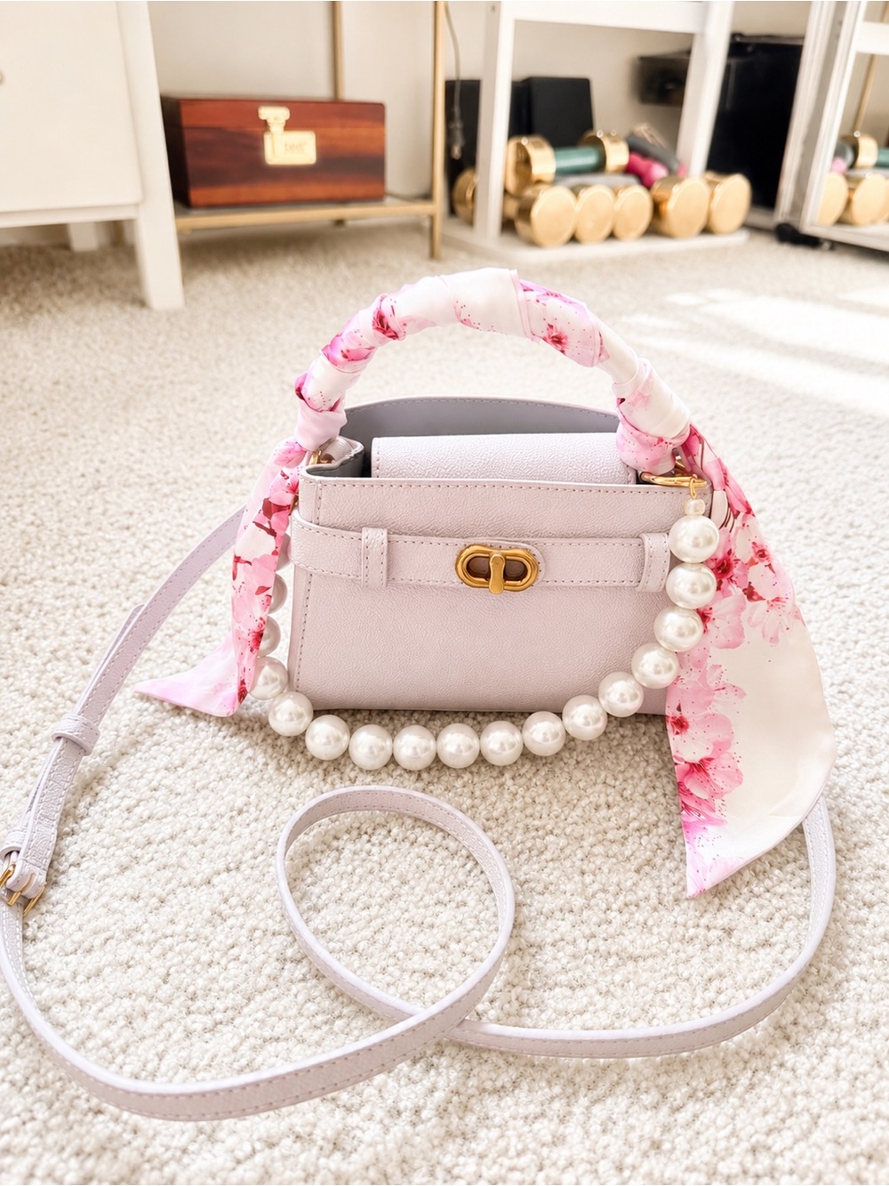 CHARLES & KEITH : Irisdecent Lavender Crossbody & handbav Bag with Floral Scarf